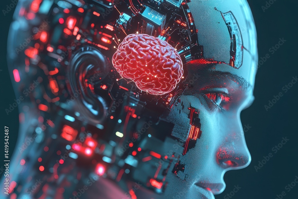 Poster human-like robot head with glowing brain and intricate circuitry in futuristic design