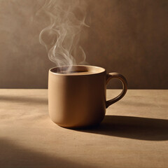 generative ai, "A steaming hot cup of coffee in a minimalist ceramic cup, placed on a natural table. A soft light brown pastel background with warm lighting, creates a comfortable and inviting atmosph