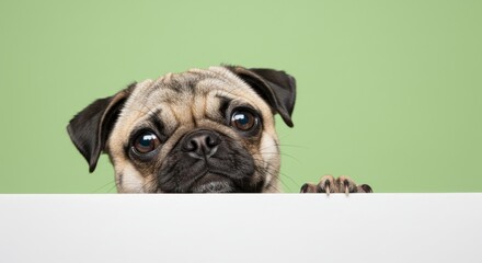 Adorable Pug Peeking Over Edge with Curious Eyes on a Green Backdrop