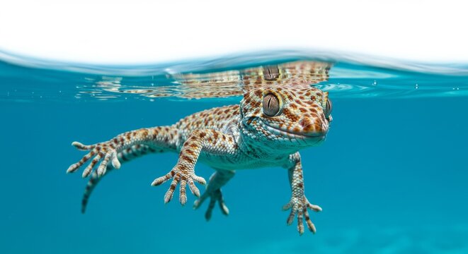Close-up of a Tokay Gecko Swimming in Crystal Clear Turquoise Water