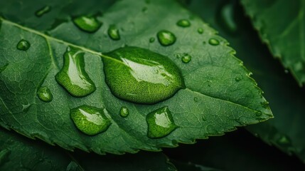 Close-up of fresh green leaves with water droplets on surface