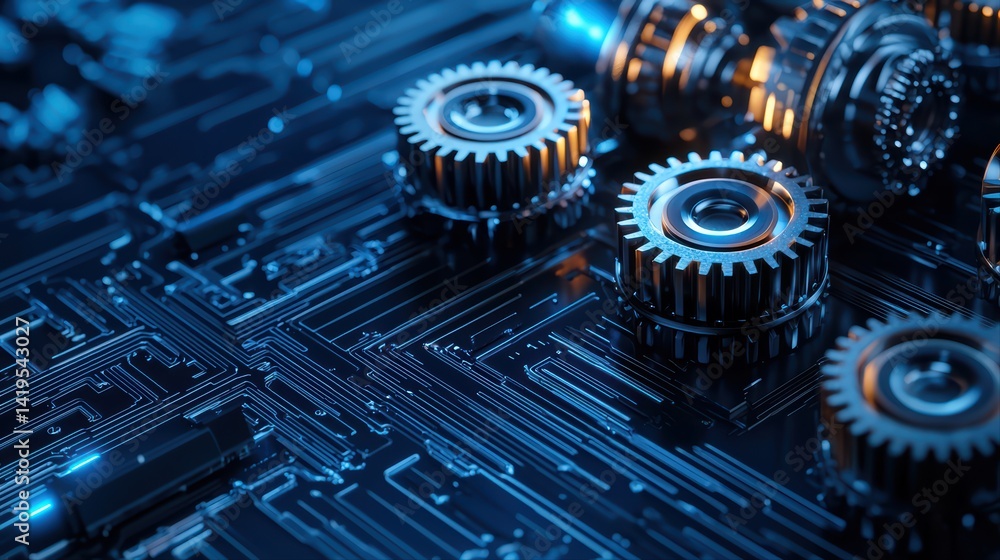 Poster blue circuit board with metallic gears and high-tech design elements