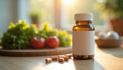 Pills supplements medicine versus fresh produce fruit vegetables healthy natural remedies bright background