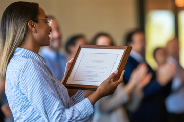 Businesswoman proudly displaying her framed certificate of achievement while colleagues applaud her success during a corporate event