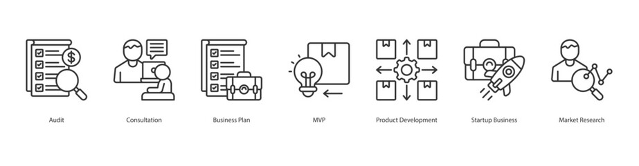 Startup Development icon sheet vector audit, consultation, business plan, mvp, product development, startup business, market research