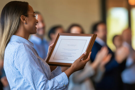 Businesswoman proudly displaying her framed certificate of achievement while colleagues applaud her success during a corporate event