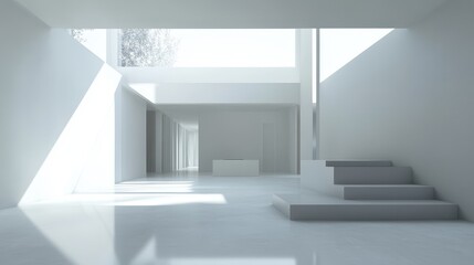 Fototapeta premium A stark white contemporary interior with minimalist steps and light