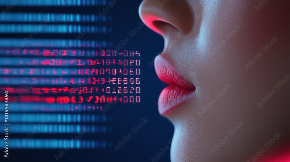 Poster futuristic digital concept with female face and binary code display