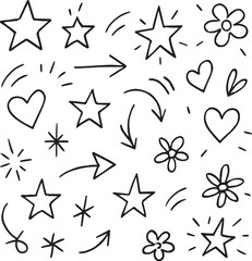 Cute line sketch star, arrow, heart decoration element icon set. Hand drawn sketch doodle cute star, emphasis, flower element. Pen line text decoration shape icon. Chalkboard vector illustration