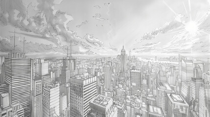 Dramatic Cityscape Sketch Sunset Over Urban Towers