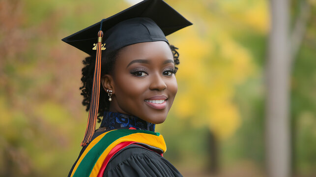 Confident female graduate smiling in cap and gown outdoors