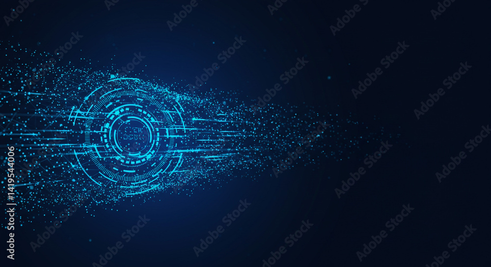 Poster a glowing blue circular design with radiating lines and particles on a dark blue background space ef