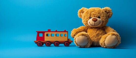 A copy space image features a baby's kids toys frame with a charming teddy bear, a wooden toy train, a car, and vibrant cubes against a blue and yellow background
