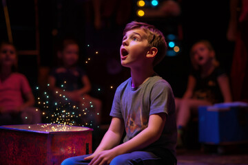 Child amazed by lights coming out of box during a magic show with audience gasping in the background