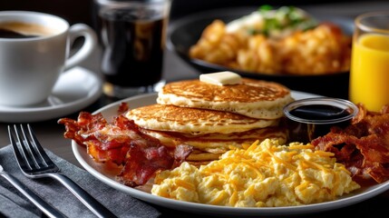 Assorted American Breakfast with Pancakes, Scrambled Eggs, Bacon, Coffee, and Juice