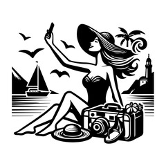 Vector silhouette of woman backpacker in minimalist logo style for outdoor adventures