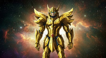 Generative AI Golden Saint Warrior Cosmos Animation Art armor warrior gold cosmos nebula illustration animation blue eyes Saint Seiya Fantasy power heroism strength fantasy protection