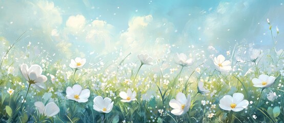 A bright sunny day backdrop highlights delicate white meadow flowers, forming a peaceful landscape with a unique copy space image