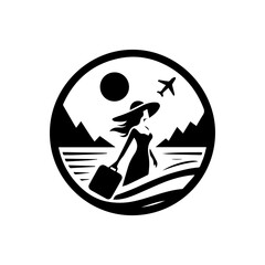 Minimalist vector logo of female backpacker silhouette for hiking and outdoor lifestyle