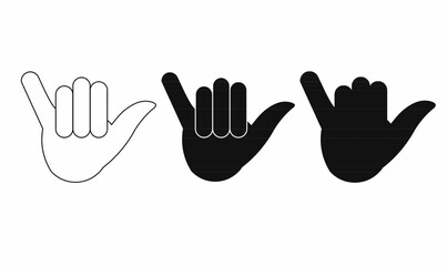 Shaka hand gesture icon in black and outline style. Vector symbol for surfing, aloha spirit, hang loose, Hawaii culture, casual greeting, and positive vibes