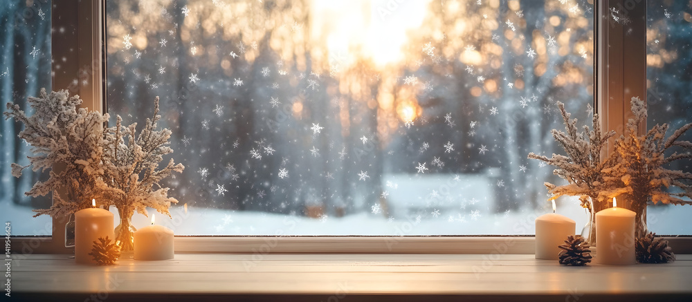 Poster empty table and winter window in background