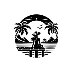 Minimalist vector logo of female backpacker silhouette for hiking and outdoor lifestyle