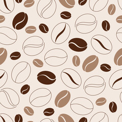 Seamless brown coffee bean pattern on beige background. Vector illustration, hand-drawn, flat design. Coffee pattern element for decoration, design, wrapping paper, textiles in pastel shades