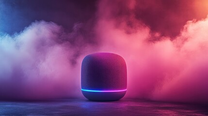 Modern smart speaker in vibrant neon lighting