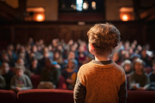 Child reciting poetry from the stage, captivating an audience in an old theater during an exciting contest filled with emotion and creativity