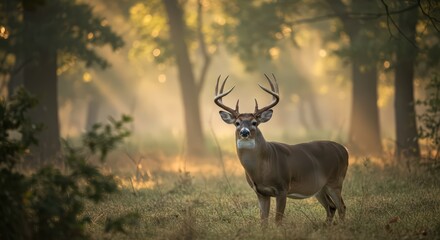 Fototapeta premium Majestic Buck in Golden Dawn: A Serene Forest Portrait