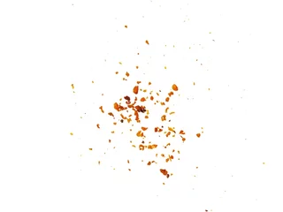 Fotobehang Chili Pepers Dried red chili powder flying. Grainy scatterings of spicy burst . Splashes of red pepper powder.Overlay effect chilli or paprika spice splatters.  © Redy