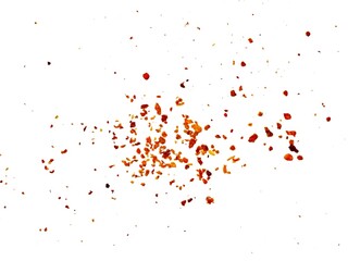 Dried red chili powder flying. Grainy scatterings of spicy burst . Splashes of red pepper powder.Overlay effect chilli or paprika spice splatters.