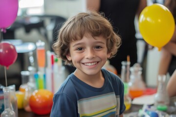 Portrait of a smiling boy enjoying his science themed birthday party with colorful balloons and test tubes