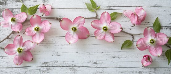 Image of a dogwood tree featuring bright pink blooms that look like biscuits, set against a white wooden backdrop and surrounded by lush green foliage with ample copy space