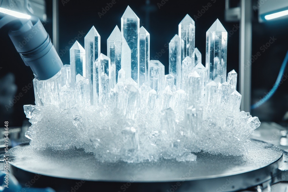Aufkleber crystals forming in a laboratory setting with advanced equipment and controlled lighting