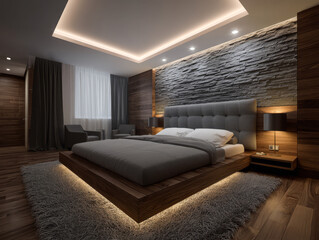 Modern bedroom design with wooden accents and soft lighting at night time