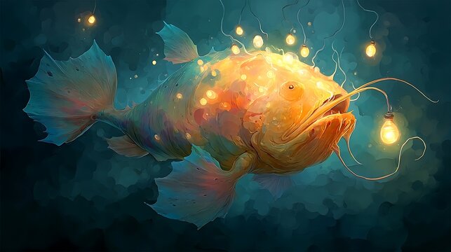 Glowing Orange Anglerfish in Dark Teal Water