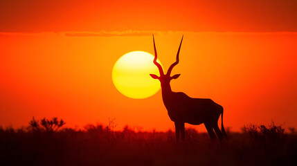 Naklejka premium Gemsbok silhouette towering with a polemic accentuation of horns piercing through the orange dome of sun in the Kalahari, AI generated
