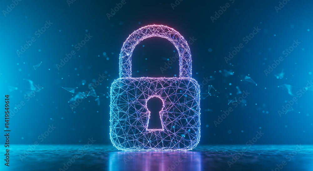 Poster a glowing digital padlock with a keyhole on a dark blue background with small glowing particles arou