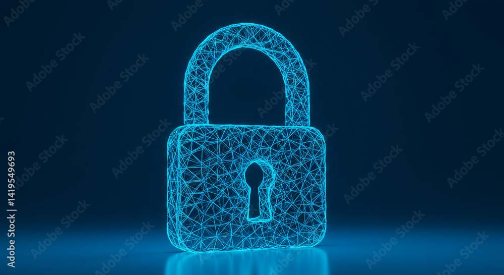 Poster a glowing blue wireframe padlock with a keyhole on a dark blue reflective surface in a studio settin