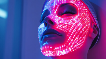 A high-tech beauty mask infused with microcurrent and LED therapy, emitting a soft blue and red glow, rejuvenating the skin
