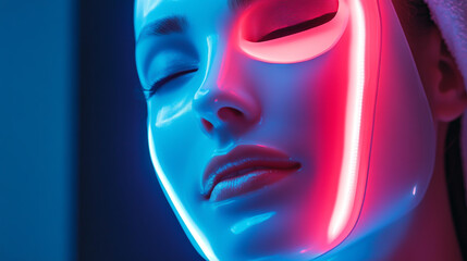 A high-tech beauty mask infused with microcurrent and LED therapy, emitting a soft blue and red glow, rejuvenating the skin