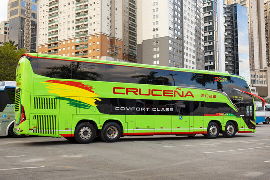 Marcopolo Paradiso G8 1800 DD Mercedes-Benz O-500RS Bluetec 6 2023 modern bus on exhibition at Bus Brasil Fest 2024 show in Brazil.
