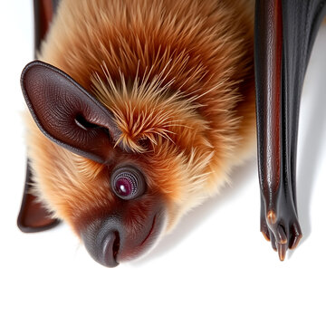 Close-up of a serotine bat sleeping with its wings folded, showcasing its delicate features against a white backdrop