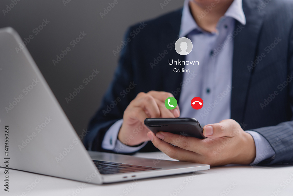 Poster close-up of a smartphone showing an incoming call from an unknown number. perfect for office communi