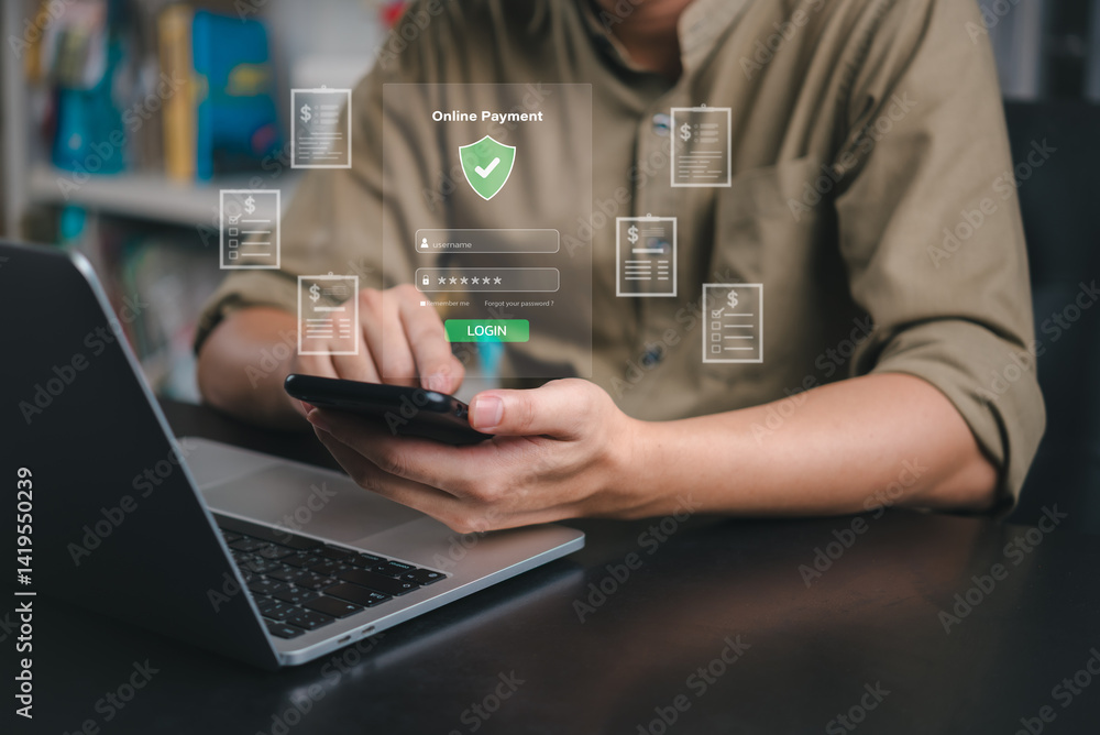 Aufkleber secure login screen for online payment. a man is using a smartphone to access digital payment platfo
