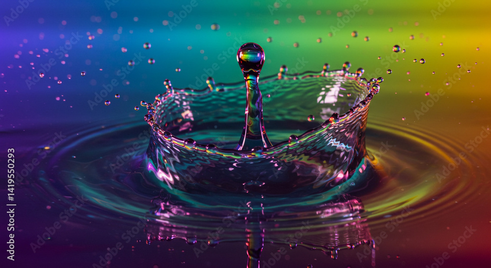 Poster a vibrant water drop collision creating a crown splash on a colorful gradient background surface