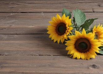 Obraz premium Several sunflowers on weathered wood, natural light , aesthetic, aged