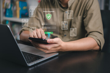 Secure login screen for online payment. A man is using a smartphone to access digital payment platforms, with banking icons and financial documents floating above.