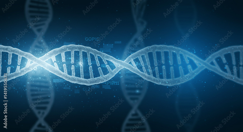 Poster a detailed rendering of dna strands against a blue background with digital data overlaying it
